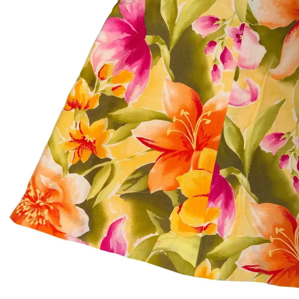Talbots Floral Silk Cotton Midi A-Line Skirt‎ Yellow Pink Tropical Cottagecore 4
